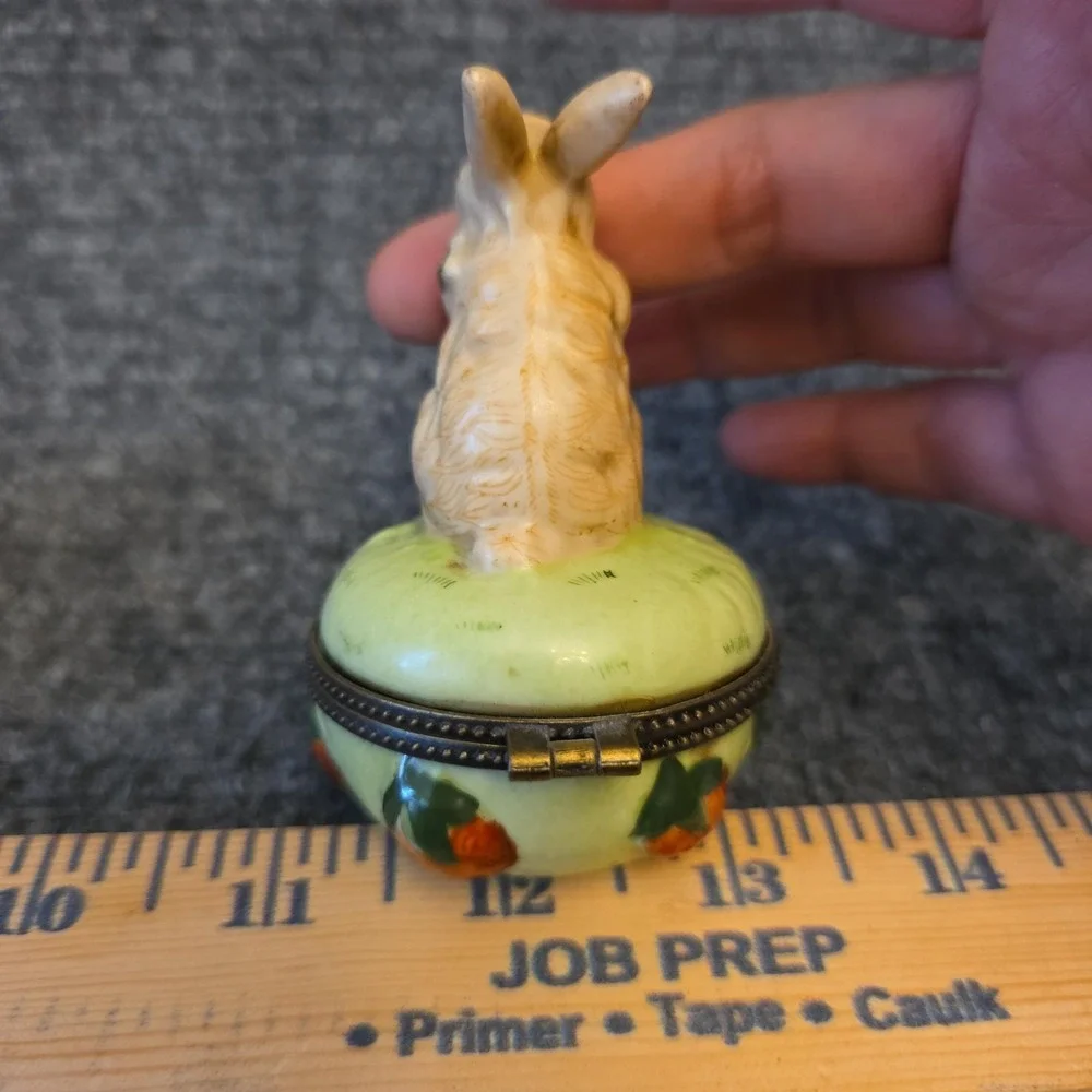Rabbit Carrot Porcelain Round Trinket Box Small Hinged Metal Lid Figural Decor